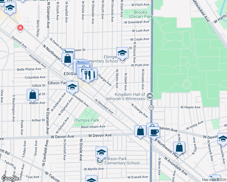 map of restaurants, bars, coffee shops, grocery stores, and more near 6649 North Ogallah Avenue in Chicago