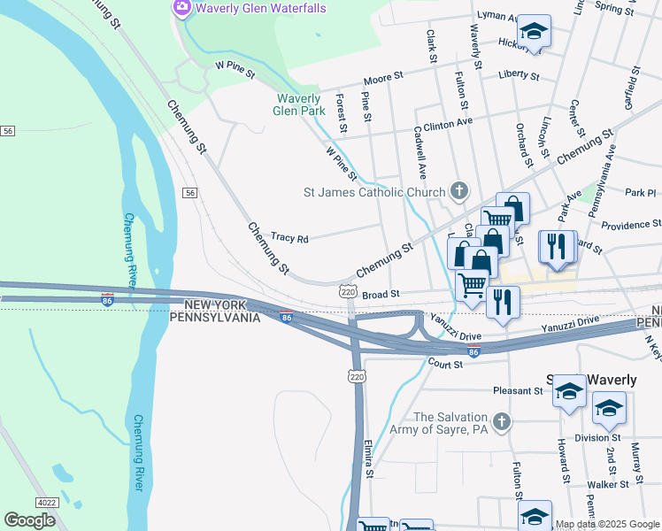 map of restaurants, bars, coffee shops, grocery stores, and more near 105 Chemung Street in Waverly
