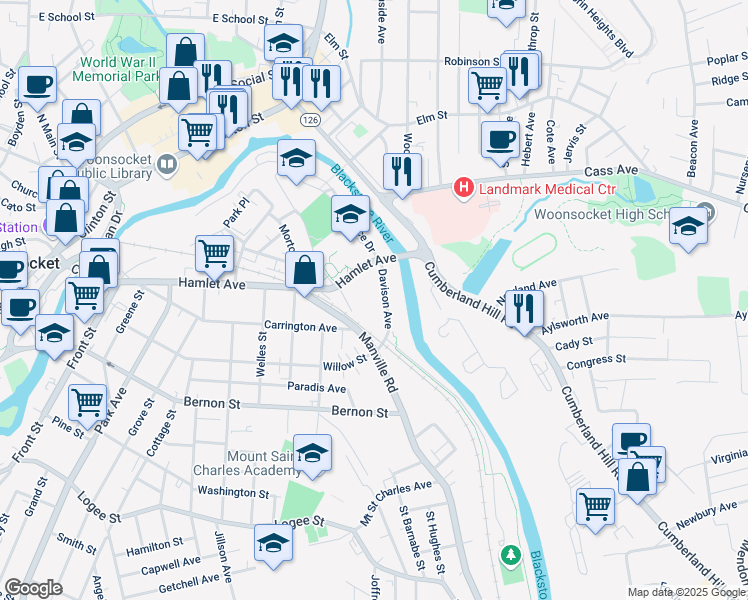 map of restaurants, bars, coffee shops, grocery stores, and more near 153 Hamlet Avenue in Woonsocket