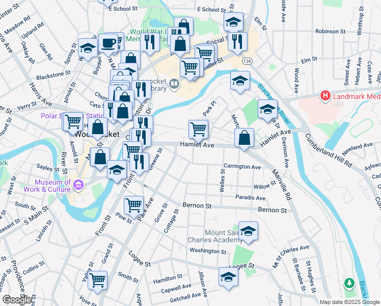 map of restaurants, bars, coffee shops, grocery stores, and more near 42 Grove Street in Woonsocket