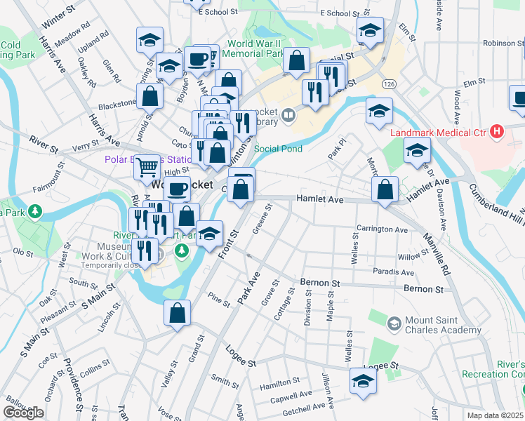 map of restaurants, bars, coffee shops, grocery stores, and more near 40 Greene Street in North Smithfield