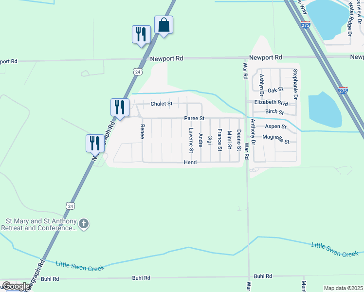 map of restaurants, bars, coffee shops, grocery stores, and more near 8455 Laverne Street in Monroe County