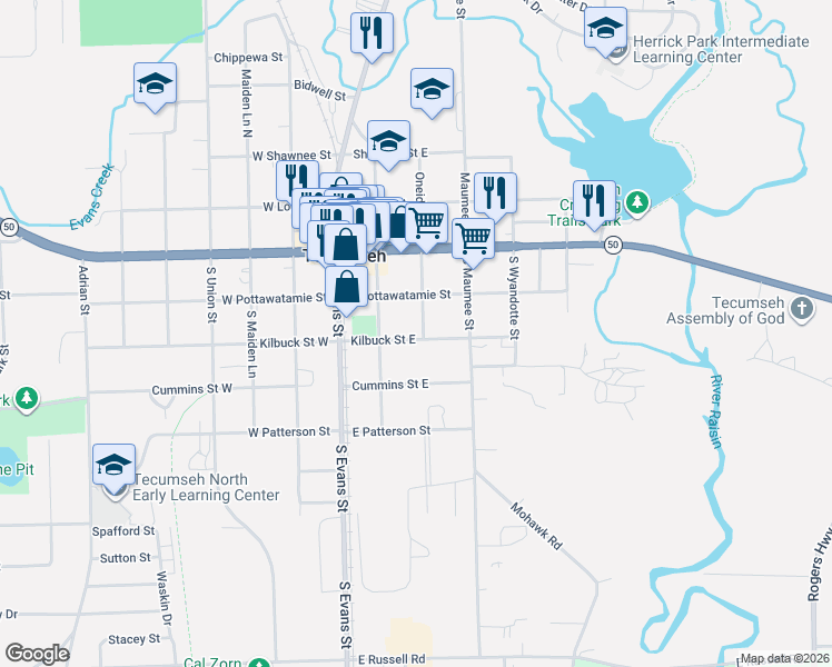 map of restaurants, bars, coffee shops, grocery stores, and more near 310 Kilbuck Street West in Tecumseh