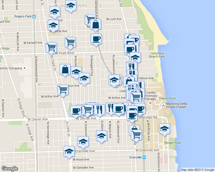 map of restaurants, bars, coffee shops, grocery stores, and more near 1320 West Loyola Avenue in Chicago
