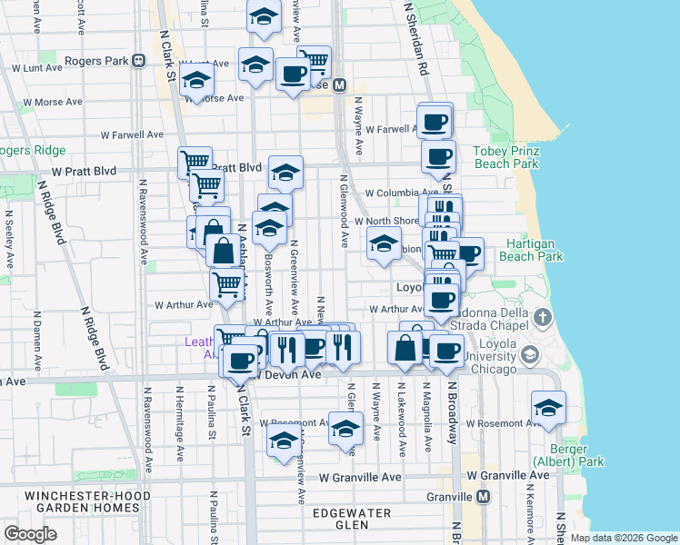 map of restaurants, bars, coffee shops, grocery stores, and more near 6552 North Glenwood Avenue in Chicago