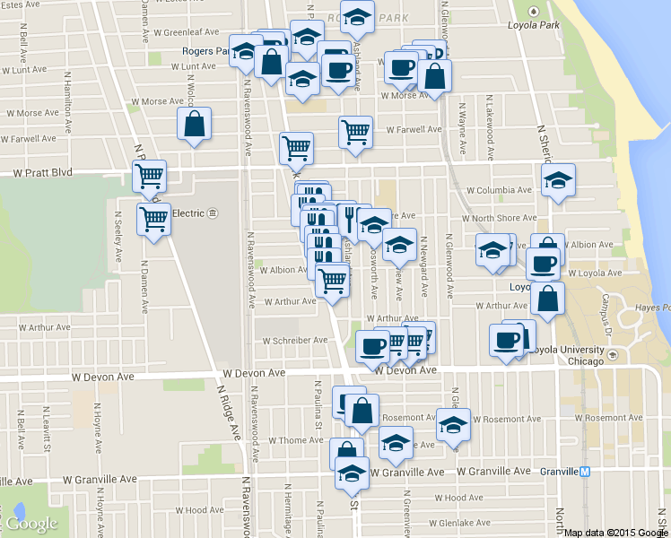 map of restaurants, bars, coffee shops, grocery stores, and more near 6556 North Ashland Avenue in Chicago