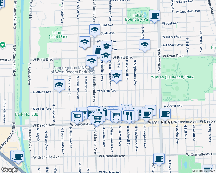 map of restaurants, bars, coffee shops, grocery stores, and more near 6604 North Washtenaw Avenue in Chicago