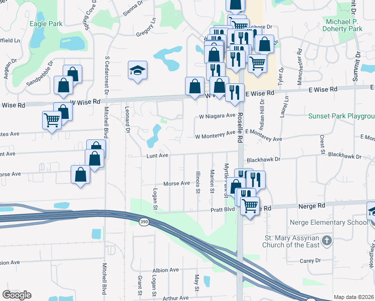 map of restaurants, bars, coffee shops, grocery stores, and more near 134 Lunt Avenue in Schaumburg