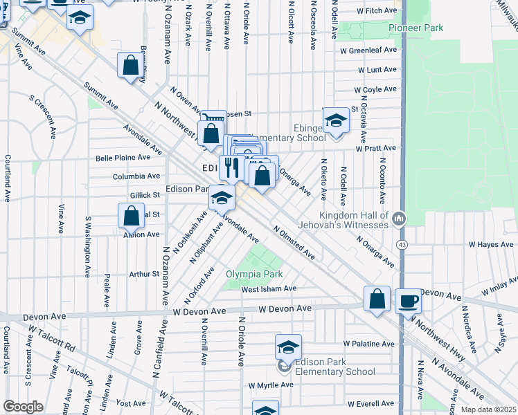 map of restaurants, bars, coffee shops, grocery stores, and more near 6669 North Olmsted Avenue in Chicago