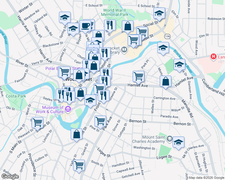 map of restaurants, bars, coffee shops, grocery stores, and more near 35 Greene Street in Woonsocket