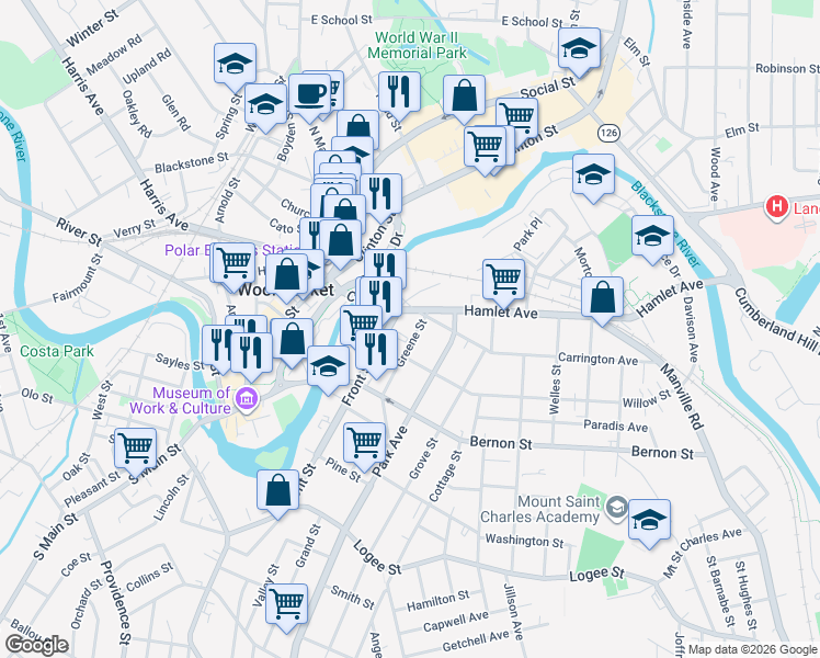 map of restaurants, bars, coffee shops, grocery stores, and more near 40 Greene Street in North Smithfield