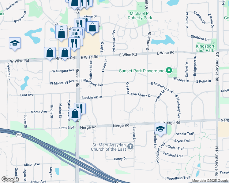 map of restaurants, bars, coffee shops, grocery stores, and more near 200 Blackhawk Drive in Schaumburg