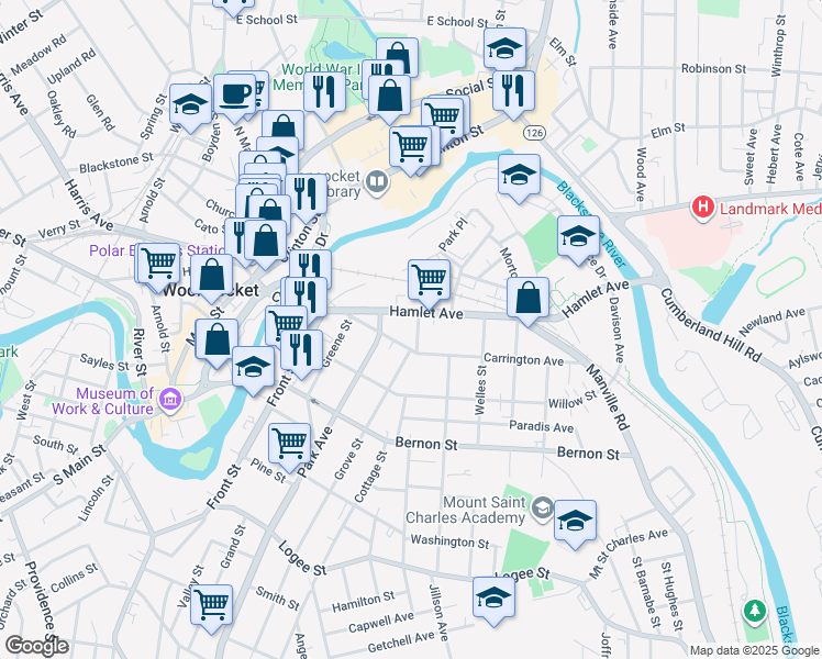 map of restaurants, bars, coffee shops, grocery stores, and more near 35 Grove Street in Woonsocket