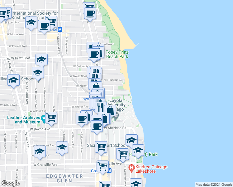 map of restaurants, bars, coffee shops, grocery stores, and more near 1052 West Loyola Avenue in Chicago