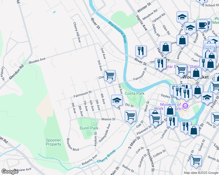map of restaurants, bars, coffee shops, grocery stores, and more near 239 3rd Avenue in Woonsocket