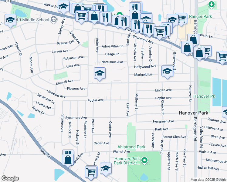map of restaurants, bars, coffee shops, grocery stores, and more near 7105 Center Avenue in Hanover Park
