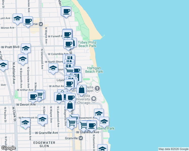 map of restaurants, bars, coffee shops, grocery stores, and more near 1010 West Loyola Avenue in Chicago