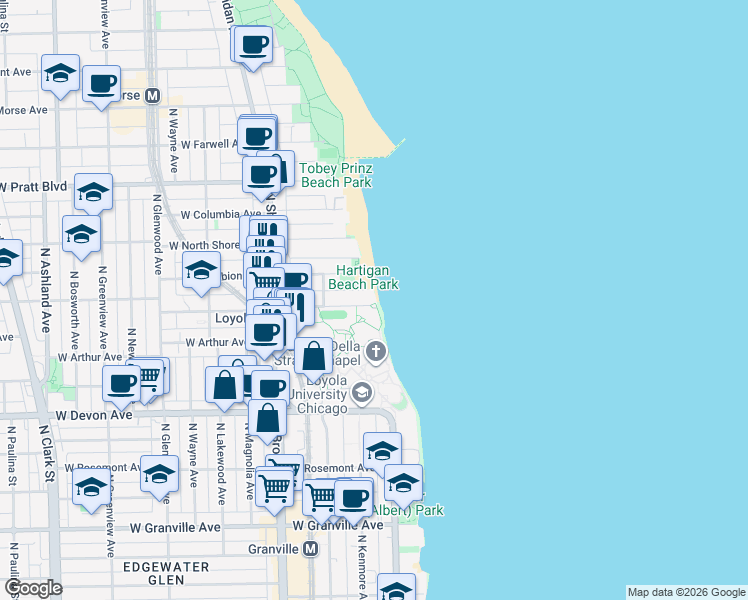 map of restaurants, bars, coffee shops, grocery stores, and more near 1004 West Loyola Avenue in Chicago