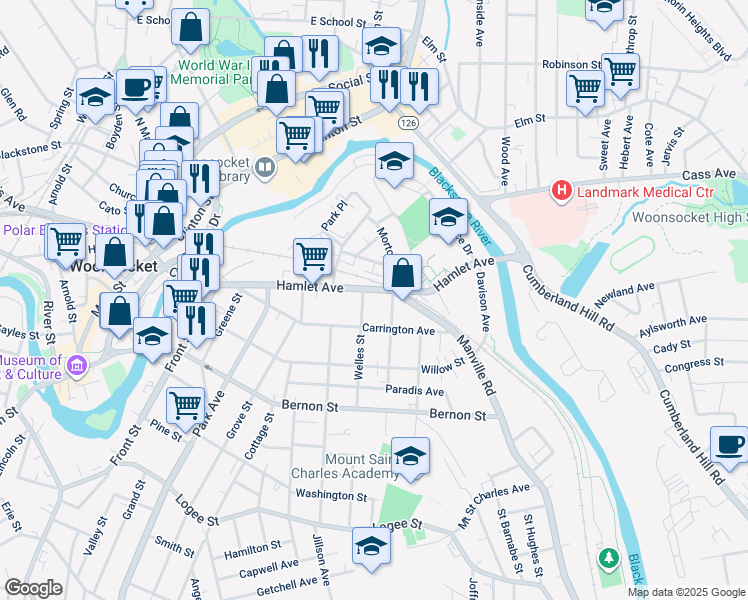 map of restaurants, bars, coffee shops, grocery stores, and more near 42 Welles Street in Woonsocket