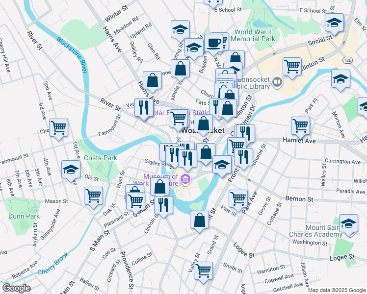 map of restaurants, bars, coffee shops, grocery stores, and more near 100 Arnold Street in Woonsocket