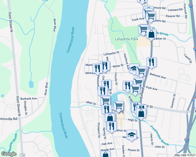 map of restaurants, bars, coffee shops, grocery stores, and more near 17 College Street in Enfield