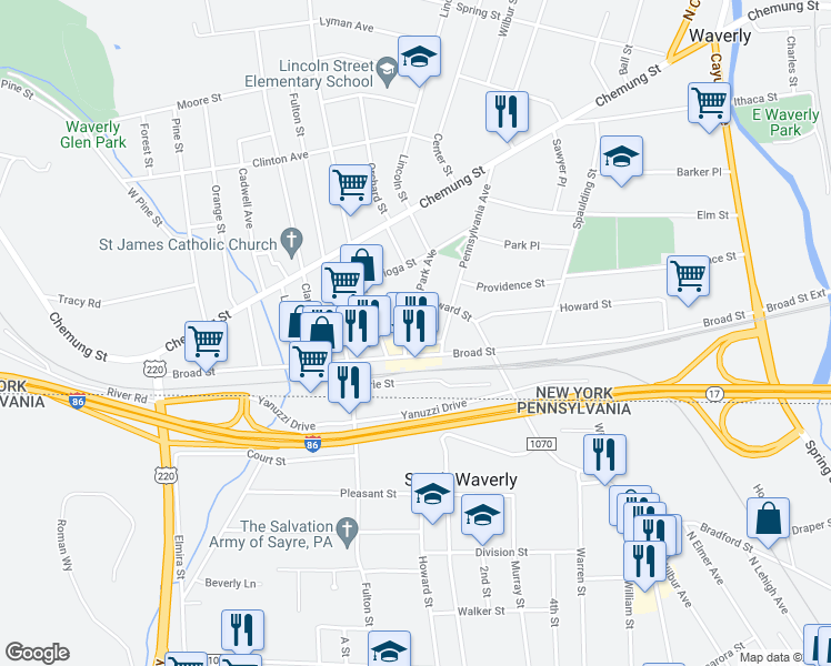 map of restaurants, bars, coffee shops, grocery stores, and more near 1 De Pumpo Lane in Waverly