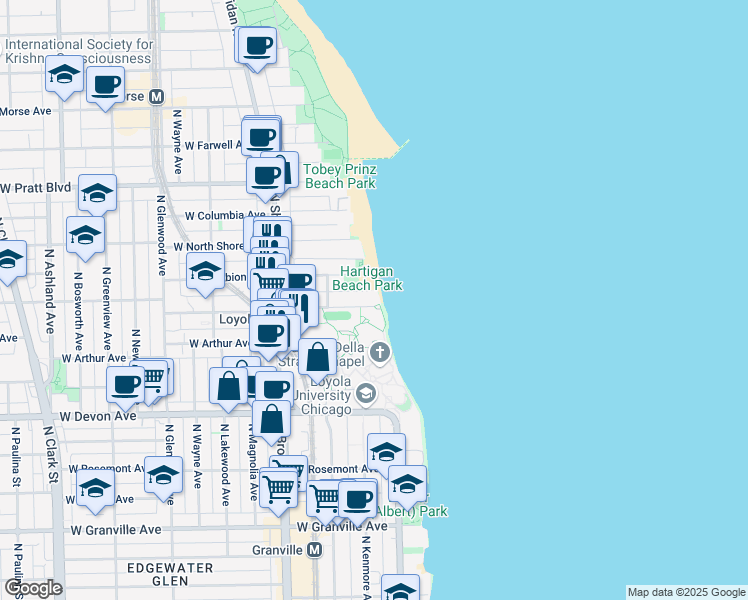 map of restaurants, bars, coffee shops, grocery stores, and more near 1026 West Loyola Avenue in Chicago