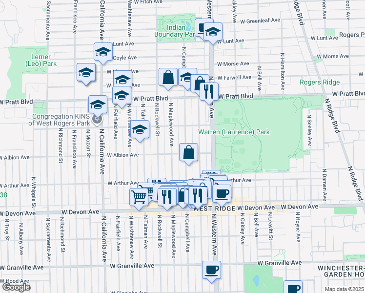 map of restaurants, bars, coffee shops, grocery stores, and more near 6604 North Campbell Avenue in Chicago