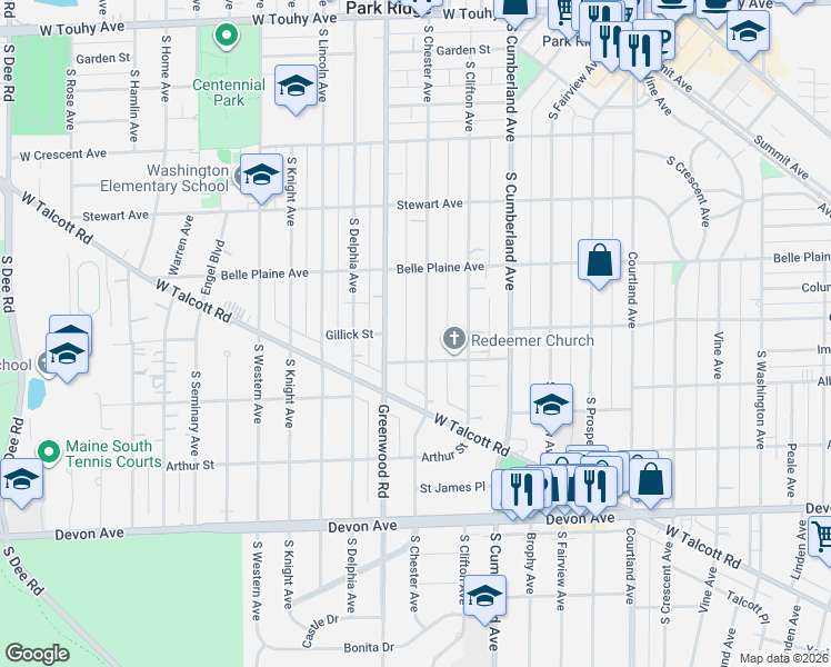 map of restaurants, bars, coffee shops, grocery stores, and more near 733 South Greenwood Avenue in Park Ridge