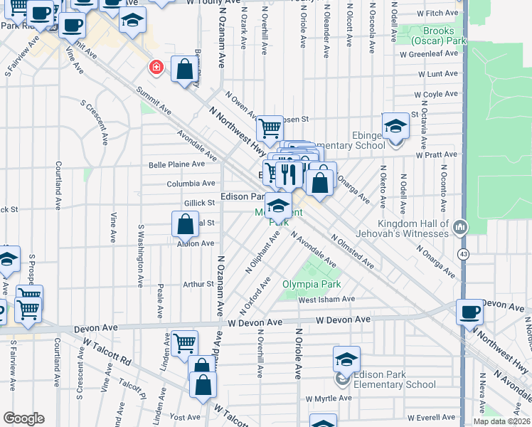 map of restaurants, bars, coffee shops, grocery stores, and more near 7715 West North Shore Avenue in Chicago