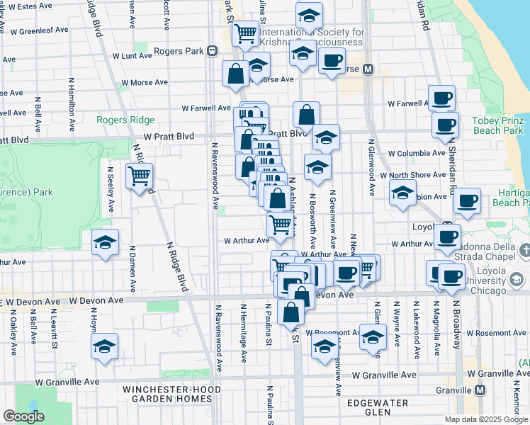 map of restaurants, bars, coffee shops, grocery stores, and more near 6558 North Clark Street in Chicago