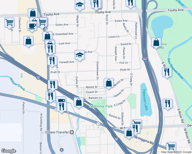map of restaurants, bars, coffee shops, grocery stores, and more near 2854 Eisenhower Drive in Des Plaines