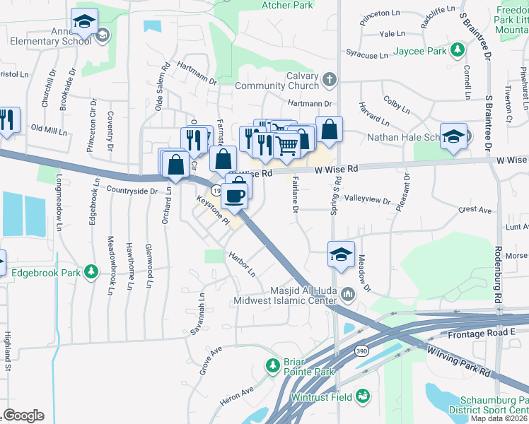 map of restaurants, bars, coffee shops, grocery stores, and more near 1800 Irving Park Road in Schaumburg