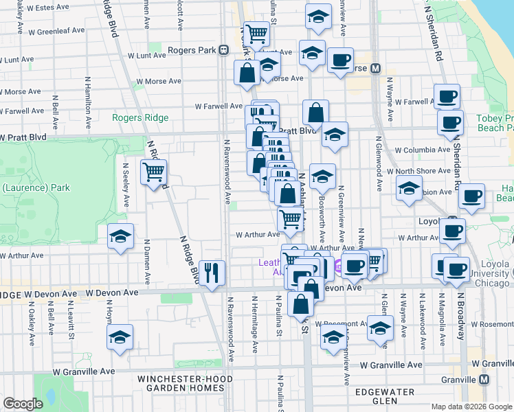 map of restaurants, bars, coffee shops, grocery stores, and more near 1729 West Albion Avenue in Chicago