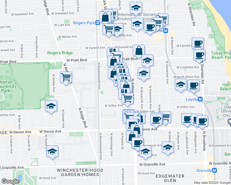 map of restaurants, bars, coffee shops, grocery stores, and more near 1706 West Albion Avenue in Chicago