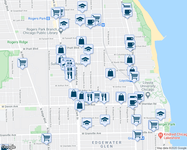 map of restaurants, bars, coffee shops, grocery stores, and more near 1448 West Albion Avenue in Chicago