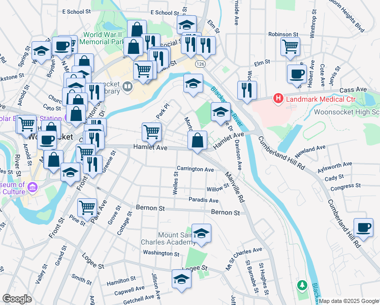 map of restaurants, bars, coffee shops, grocery stores, and more near 42 Welles Street in Woonsocket