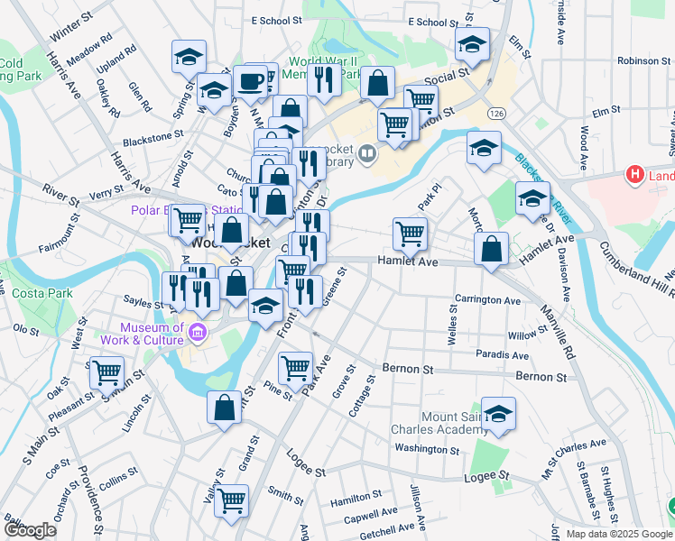 map of restaurants, bars, coffee shops, grocery stores, and more near 40 Greene Street in North Smithfield