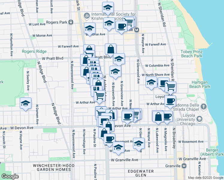 map of restaurants, bars, coffee shops, grocery stores, and more near 6555 North Bosworth Avenue in Chicago
