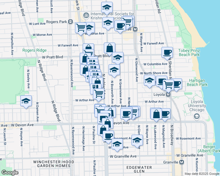map of restaurants, bars, coffee shops, grocery stores, and more near 6555 North Bosworth Avenue in Chicago
