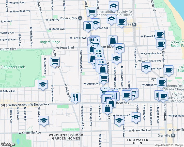 map of restaurants, bars, coffee shops, grocery stores, and more near 1729 West Albion Avenue in Chicago