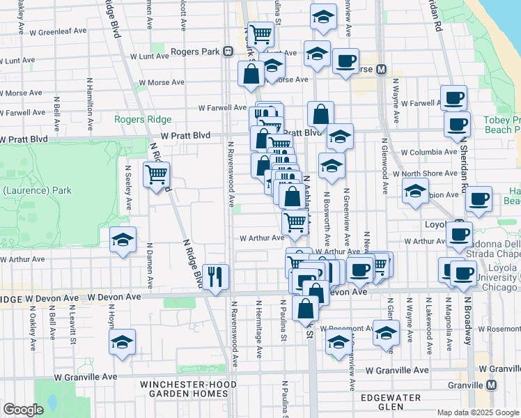 map of restaurants, bars, coffee shops, grocery stores, and more near 1729 West Albion Avenue in Chicago