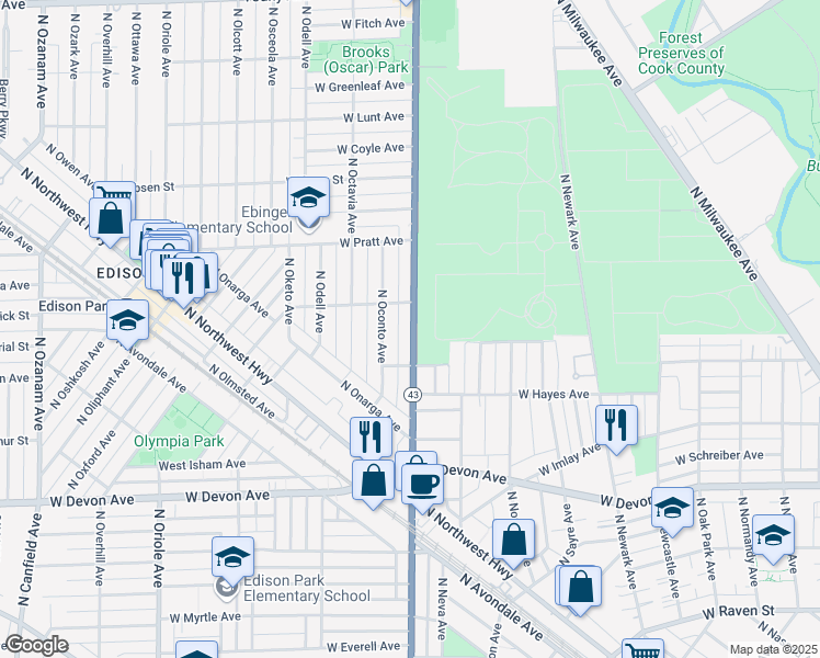 map of restaurants, bars, coffee shops, grocery stores, and more near 6620 North Harlem Avenue in Chicago