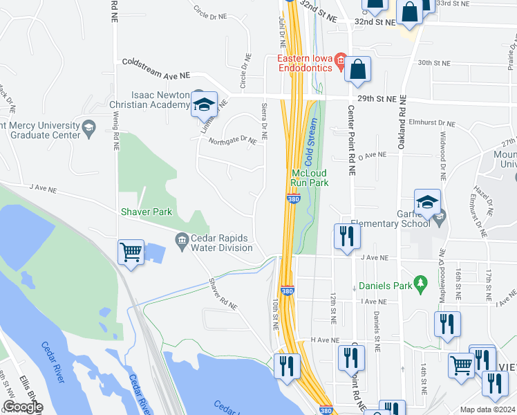 map of restaurants, bars, coffee shops, grocery stores, and more near 1100 Sierra Drive Northeast in Cedar Rapids