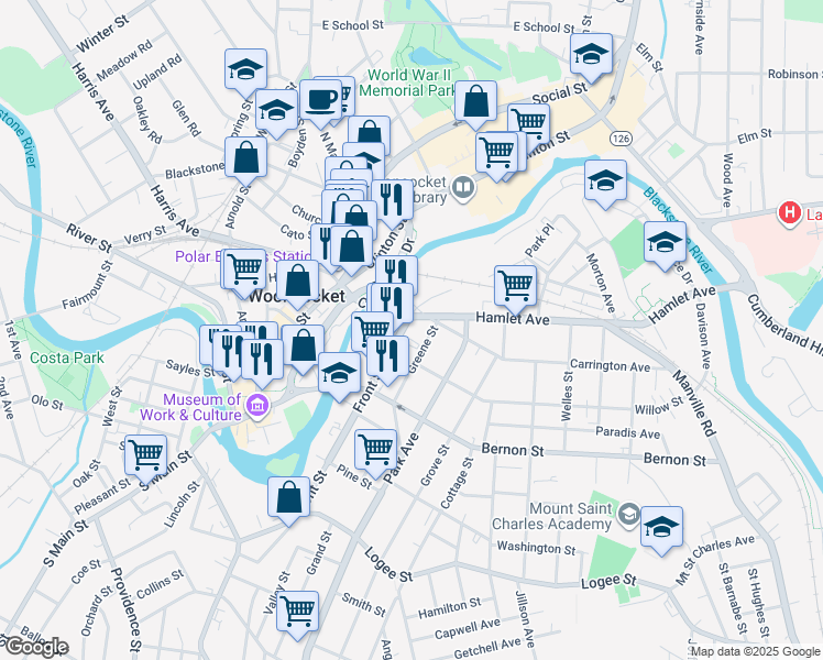 map of restaurants, bars, coffee shops, grocery stores, and more near 24 Front Street in Woonsocket