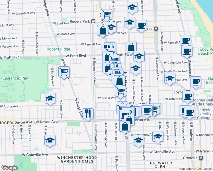 map of restaurants, bars, coffee shops, grocery stores, and more near 1729 West Albion Avenue in Chicago