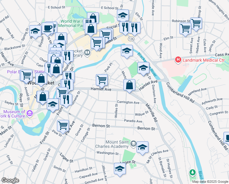 map of restaurants, bars, coffee shops, grocery stores, and more near 14 Maple Street in Woonsocket