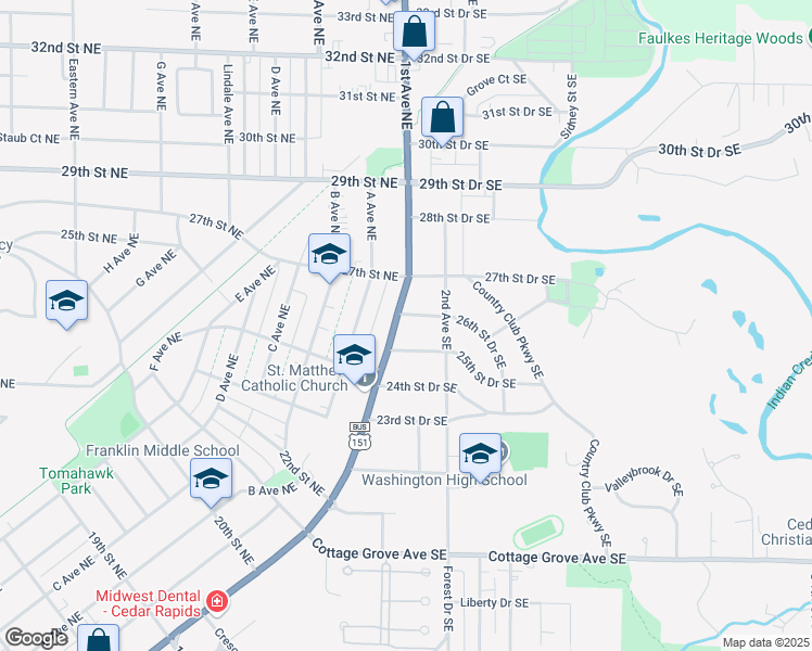 map of restaurants, bars, coffee shops, grocery stores, and more near 2523 1st Avenue Southeast in Cedar Rapids