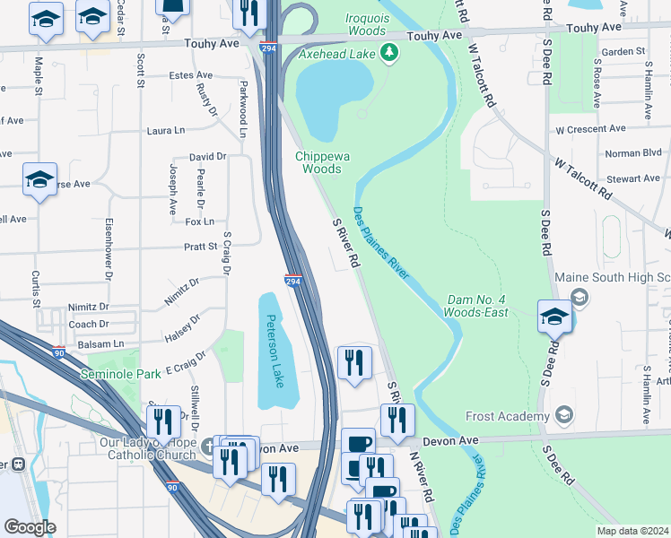 map of restaurants, bars, coffee shops, grocery stores, and more near 2860 South River Road in Des Plaines