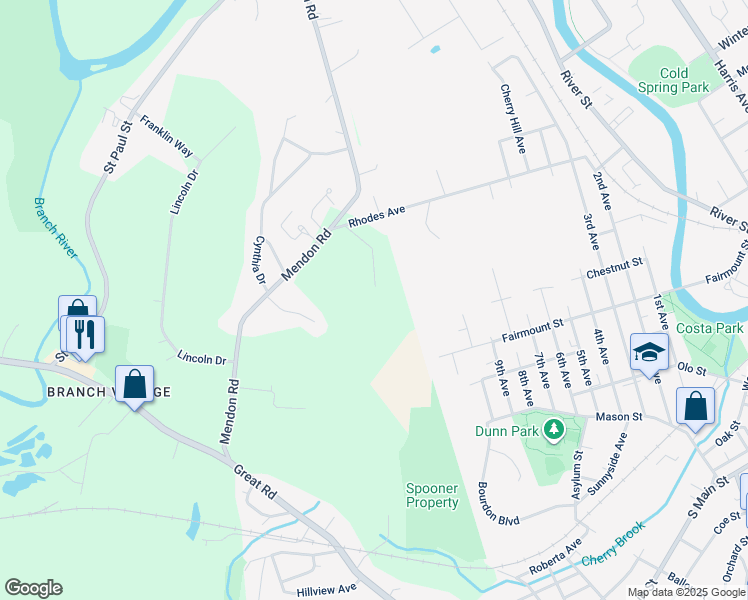 map of restaurants, bars, coffee shops, grocery stores, and more near 10 Rhodes Avenue in North Smithfield